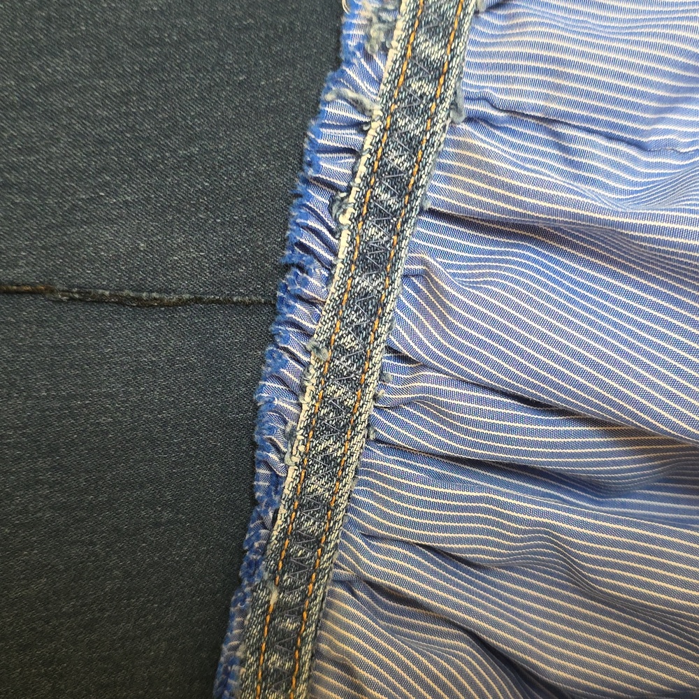 HAND CRAFTED Midi Skirt UPCYCLED Blue Denim Striped Shirt Ragged Plus Size 18w - Picture 7 of 11